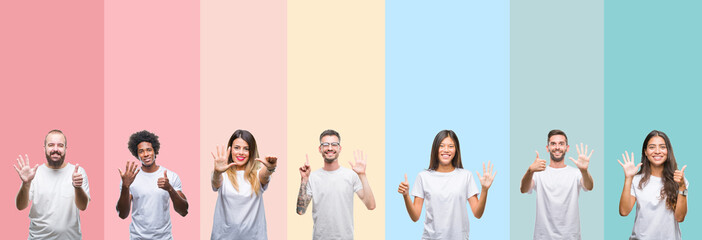Collage of different ethnics young people wearing white t-shirt over colorful isolated background showing and pointing up with fingers number six while smiling confident and happy.