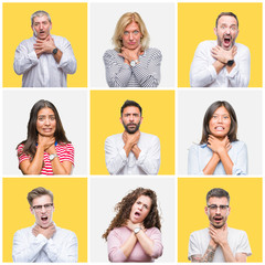 Collage of group of young and senior people over yellow isolated background shouting and suffocate because painful strangle. Health problem. Asphyxiate and suicide concept.