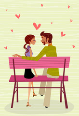 Side profile of a man and woman sitting face to face on a bench