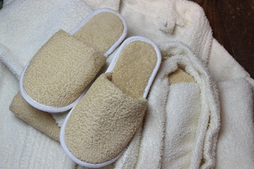 Bath slippers and bathrobe