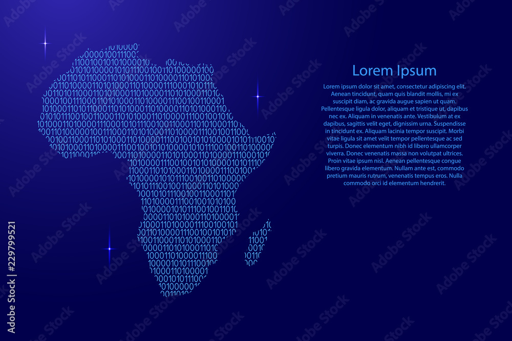 Fototapete africa map abstract schematic from blue ones and zeros binary digital code with space stars for bann