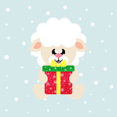 cartoon cute sheep white sitting with christmas gift