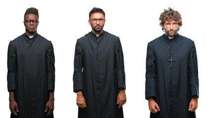 Collage of christian priest men over isolated background skeptic and nervous, frowning upset...