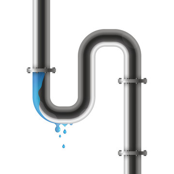Crack in a water pipe with water drops