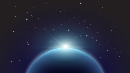 Night view of the Earth from the satellite on the background of the starry sky and the rising sun. Space. Vector Illustration EPS10