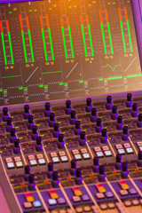 Perfomance and recording digital mixer system. Backlighted buttons and faders with digital monitor