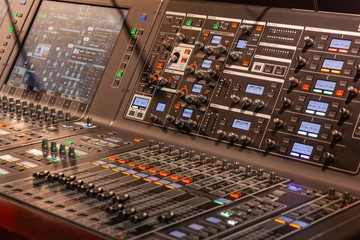 Perfomance and recording digital mixer system. Backlighted buttons and faders with digital monitor