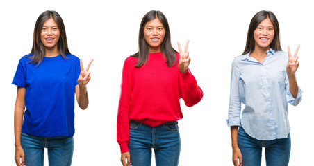 Fototapeta premium Collage of asian young woman standing over white isolated background showing and pointing up with fingers number two while smiling confident and happy.