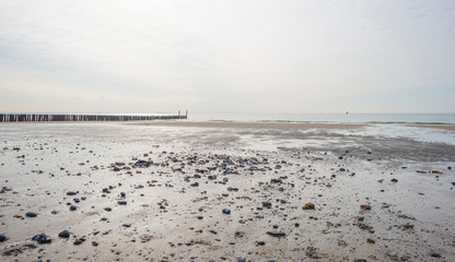 Groyne in sea protecting a coast below a blue sky in sunlight at fall
