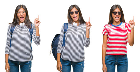 Collage of asian young student woman wearing headphones and backpack over white isolated background pointing finger up with successful idea. Exited and happy. Number one.