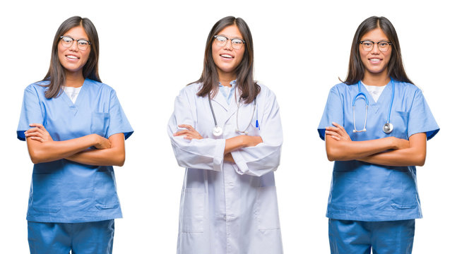 Collage of asian young surgeon doctor or nurse woman standing over white isolated background happy face smiling with crossed arms looking at the camera. Positive person.