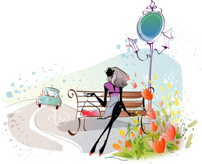 Woman sitting on the bench with a car in the background