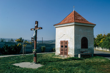 Old small wooden church where people usually pray on Sundays. Pezinok. Slovakia.