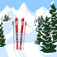 Mountain view and skis in the foreground. Winter outdoor holiday activity sport in alps, landscape with mountain view and forest. Flat style