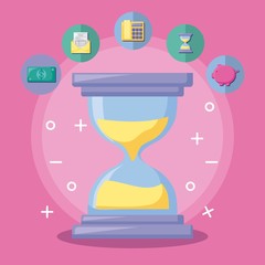 hourglass with economy and financial icons