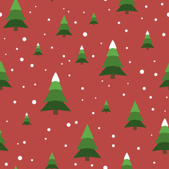 Obraz premium Seamless pattern with green trees and snowflakes on a red background. Vector.