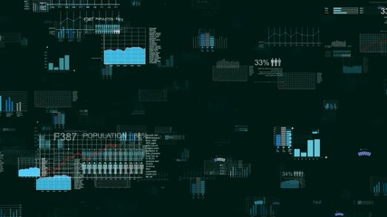 Looping infographic zoom in animation.Flying through stock market and population,demographic,bar charts,graphs elements.Template with chromakey for alpha channel.Choose your own background.Green.