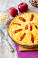 Sweet cottage cheese casserole with apples and free-range eggs