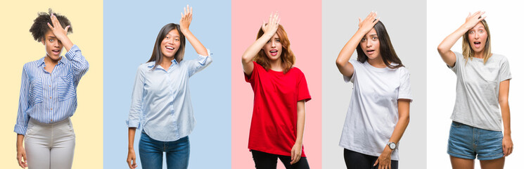 Collage of hispanic, african american, asian, indian women over vintage color background surprised...