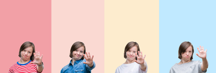 Collage of down syndrome woman over colorful stripes isolated background doing stop sing with palm of the hand. Warning expression with negative and serious gesture on the face.