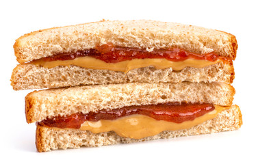 A Classic Peanut Butter and Strawberry Jelly Sandwich on Wheat Bread