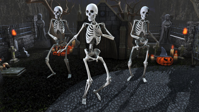 3D rendering of skeletons dancing in a cemetery at night. Funny halloween background.
