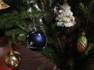 Christmas tree with Christmas decorations, fragment close-up