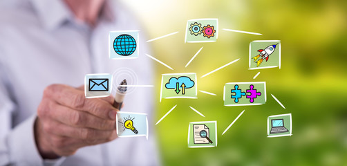 Man touching a cloud computing concept