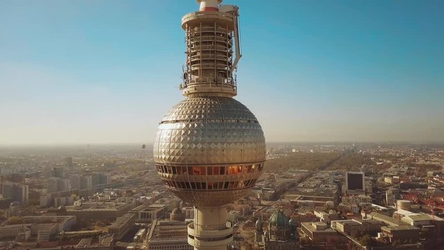 Aerial view of Berlin cityscape and Fernsehturm or Television Tower details. Germany