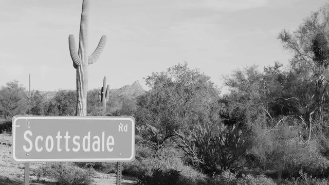 Scottsdale Road Sign With Pinnacle Peak in Background in B&W