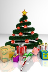 3D New Year tree with red balls and gifts on a white background
