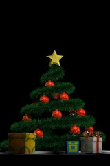 3D New Year tree with red balls and gifts on a black background
