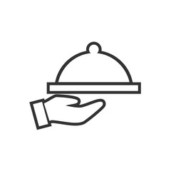 Covered food tray on a hand of hotel room service vector icon
