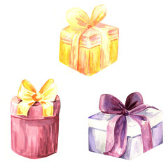 A set of decorative Christmas objects.Watercolor illustration. The main symbols of the holiday.Merry Christmas and Happy New Year background.Package concept.Layout, mockup design.