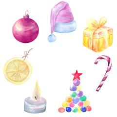 A set of decorative Christmas objects.Watercolor illustration. The main symbols of the holiday.Merry Christmas and Happy New Year background.Package concept.Layout, mockup design.