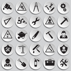 Tools and Construction set on plates white background icons