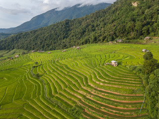 Aerial top view photo from flying drone of the Buddhist temple and fields in the countryside of Chiang Mai Northern Thailand