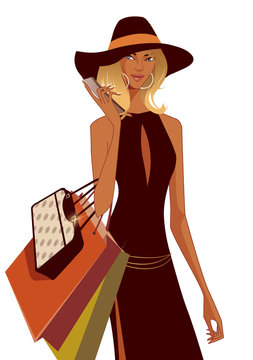recommend clip art: Woman carrying shopping bags and a hand bag
