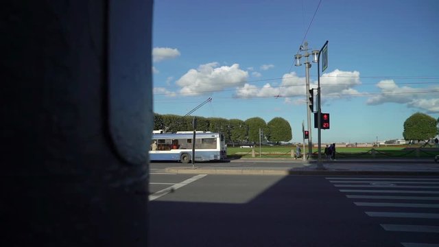 SAINT-PETERSBURG, RUSSIA - SEPETEMBER 10, 2018: Zebra crossing in a city street. Road in european town at sunny summer day.