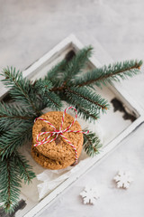 Christmas and New Year composition with home baked orange and chocolate biscuits