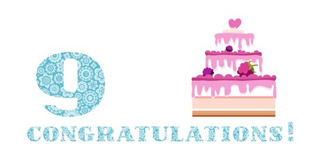 Anniversary greetings, 9 years old, berry cake, English, white, blue, vector.   The inscription in English " congratulations!"  