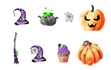 Halloween set drawing watercolor on white background, isolated