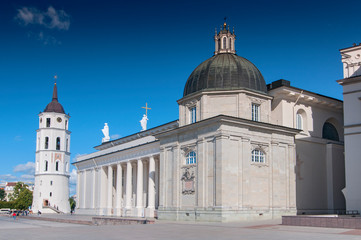 Fototapeta na wymiar Cathedral Basilica Of St. Stanislaus And St. Vladislav With The Bell Tower In Summer Sunny Day, Vilnius, Lithuania.