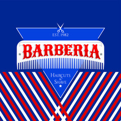 Fototapeta na wymiar Barberia, Barbershop spanish text, vector emblem design with hair comb