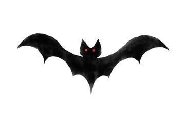 Black bat on white background drawing by watercolor, isolated