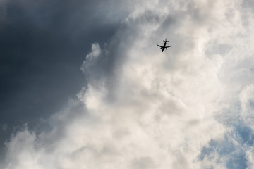The plane flies in the clouds