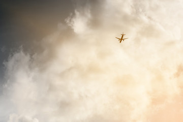 The plane flies in the clouds