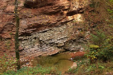 In the Glasenbach gorge, near Salzburg city, Austria, Europe. Interesting rock formations and creek. A gorge of great geological interest.
