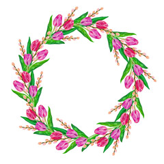 Frame, wreath with tulips and branches. Watercolor hand drawn illustration isolated on white background.