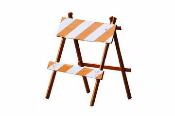 Orange and white painted vintage wooden road block or barrier as wood frame barricade with four legs isolated on a seamless white background.